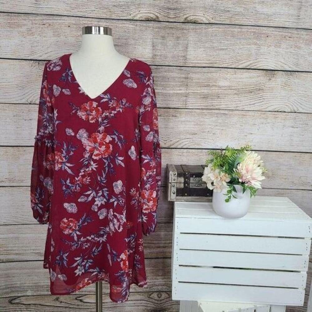 5/$25 Miami Floral Long Sleeve Red Swing‎ Dress XS